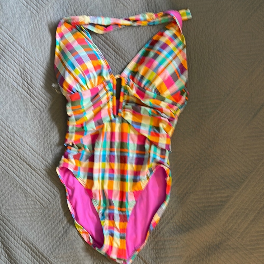 Multi-color plaid one-piece bathing suit